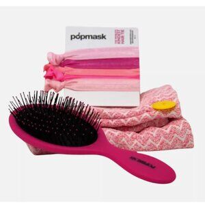 Popmask Ultimate Hair Set Detangling PINK Hair Brush & Hair Ties & TURBAN. NEW